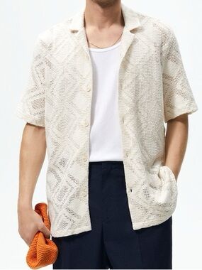 Zara Cream Short-Sleeve Button-Down Open-Knit Shirt